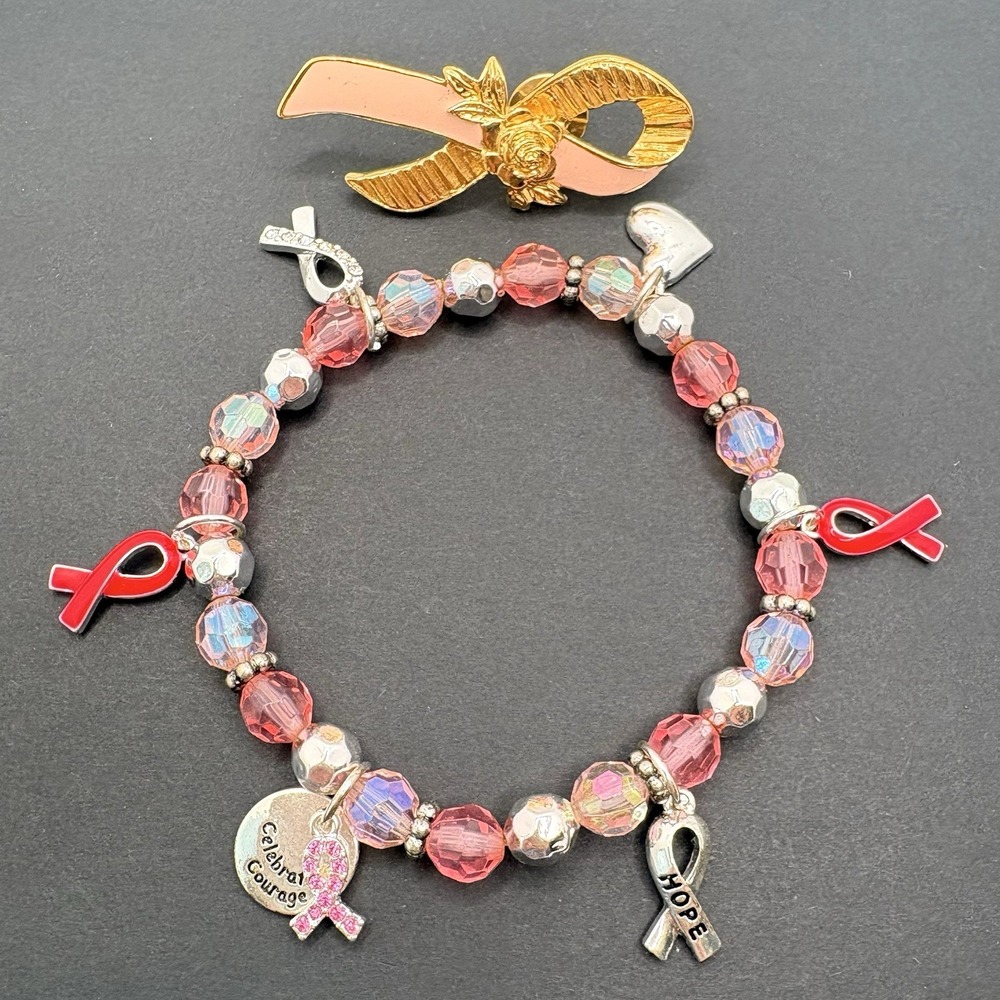 Avon Breast Cancer Awareness Ribbon Pin Brooch & Stretch‎ Charm Bracelet